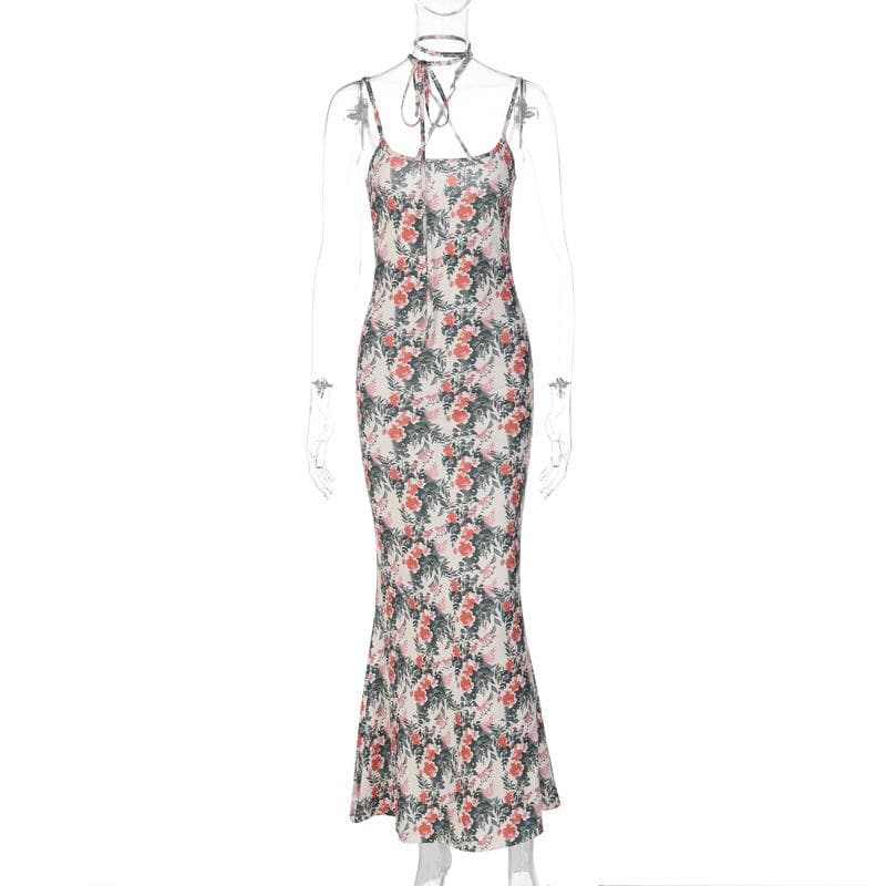 Flower print contrast halter cross back cami maxi dress