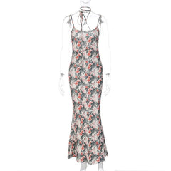 Flower print contrast halter cross back cami maxi dress