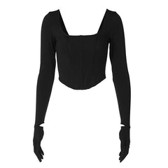 Long sleeve solid u neck gloves crop top