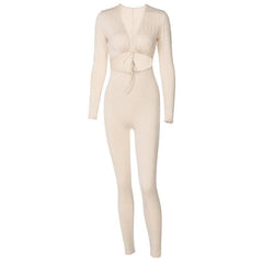 V-neck hollow out tie front jumpsuit