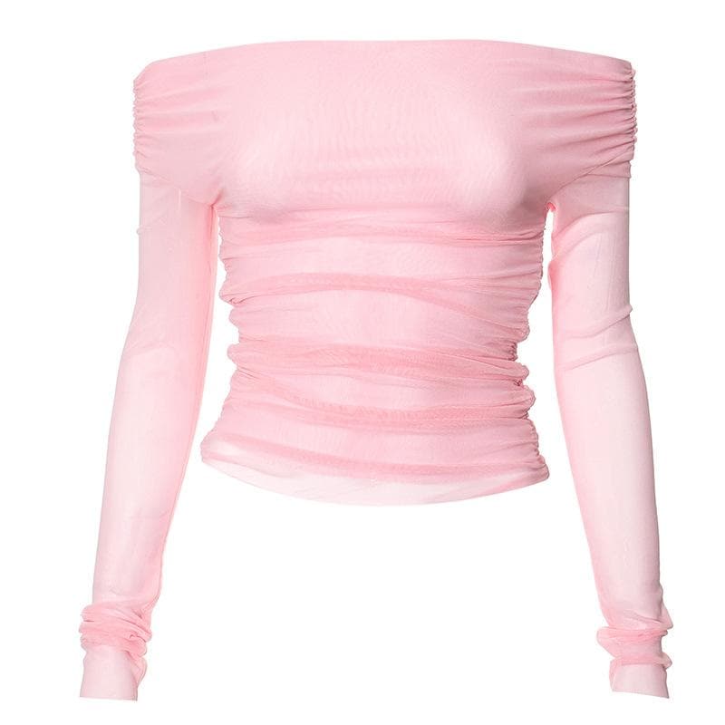 Mesh off shoulder ruched long sleeve solid top