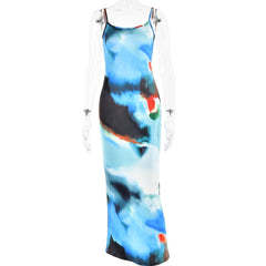 Tie dye contrast backless cami maxi dress