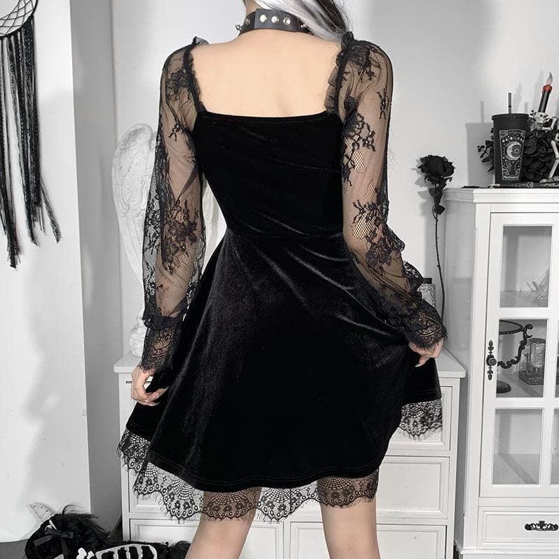 Velvet lace patchwork long sleeve contrast mini dress | victorian gothic dresses