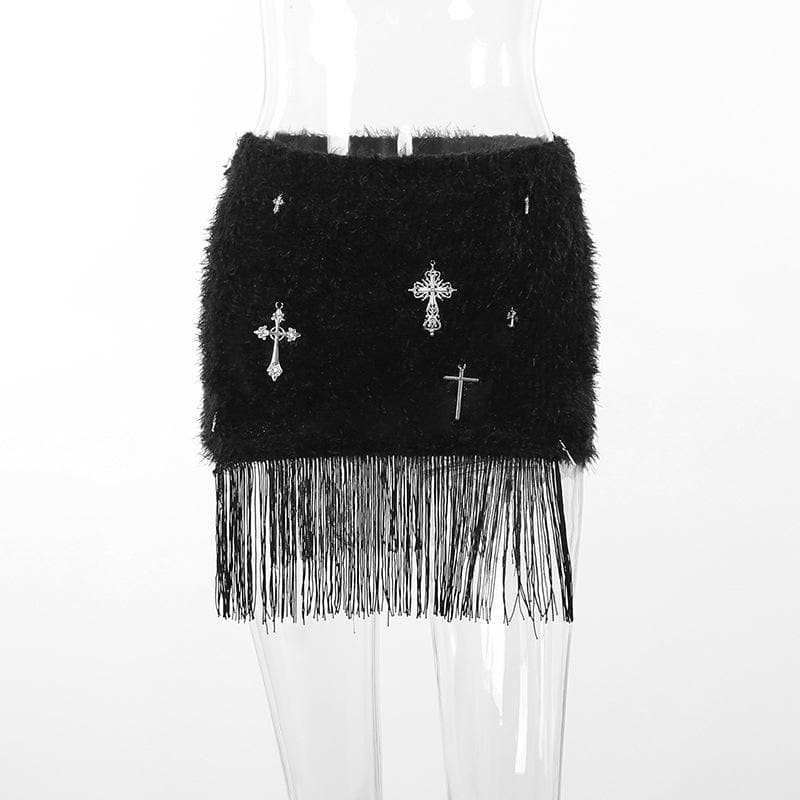 Tassels cross applique fluffy mini skirt