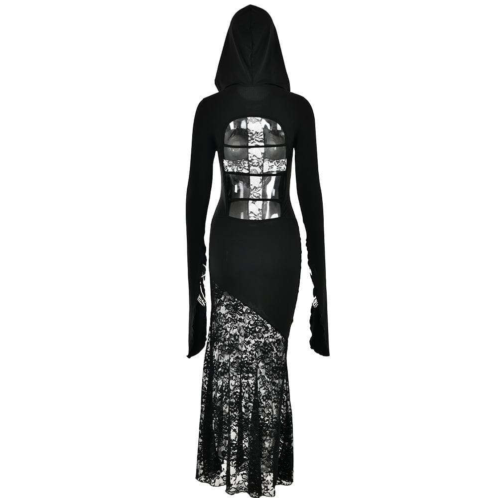 Lace cross patchwork hoodie long flared sleeve irregular maxi dress | victorian gothic dresses