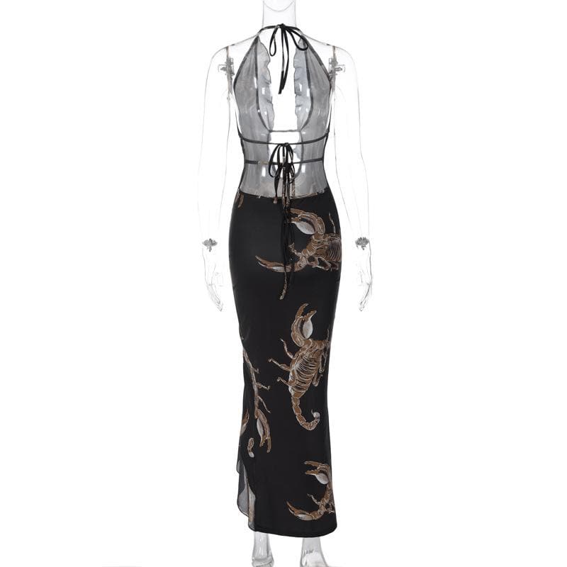 Halter self tie backless slit ruffle scorpion print contrast maxi dress