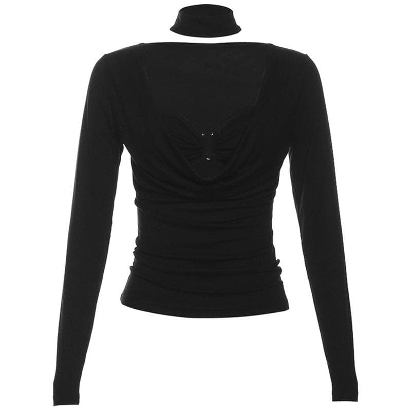 Zweiteiliges Camisole-Oberteil mit Wasserfallausschnitt, langen Ärmeln und gerüschtem Choker