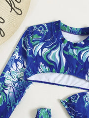 Contrast print ruffle long sleeve halter 3 piece swimwear