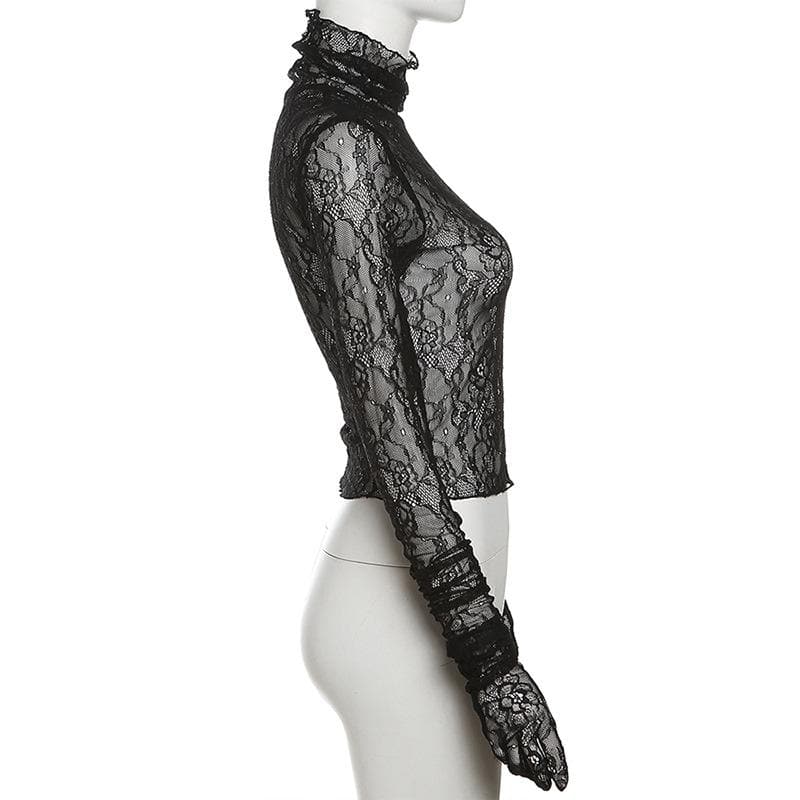 Lace see through gloves turtle neck solid long sleeve top