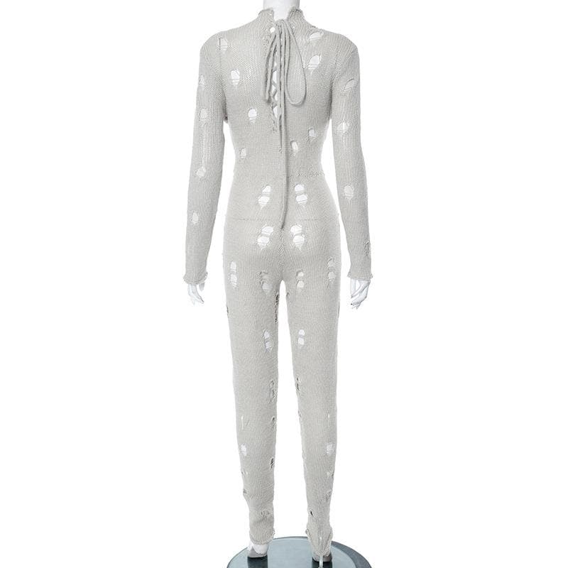 Gehäkelter, ausgehöhlter, hochgeschlossener, einfarbiger Jumpsuit mit Schnürung