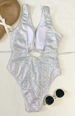 Cross front solid metallic hollow out padded one piece swimwear