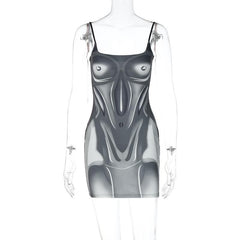 Cami-Minikleid mit eckigem Ausschnitt und Body-Print in Kontrastfarbe