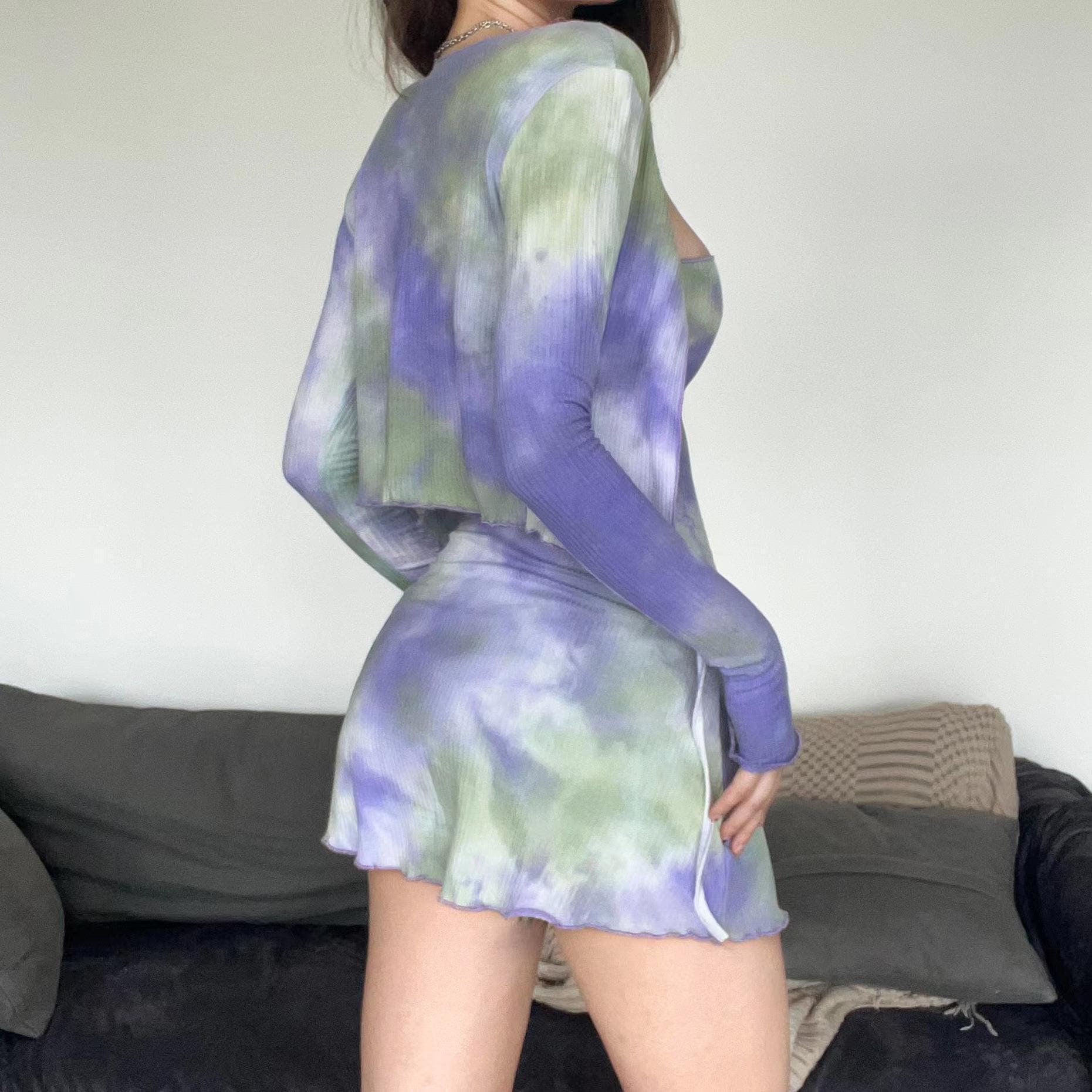 Tie dye self tie long sleeve shrug ruffle tube mini dress set