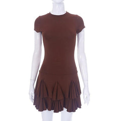 Crewneck short sleeve pleated solid mini dress