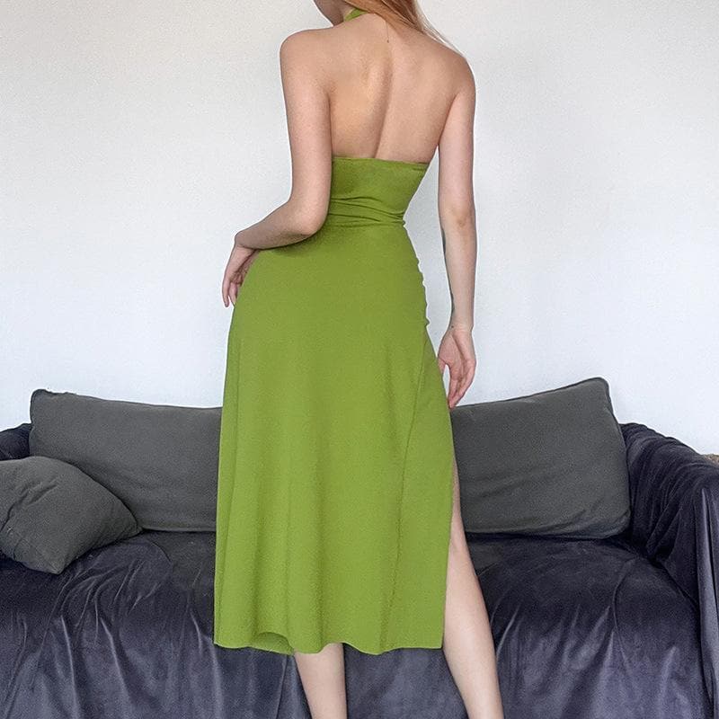 Ruched v neck knotted halter solid slit backless midi dress