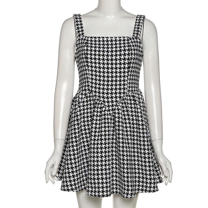 Square neck sleeveless plaid A line mini dress - Final Sale