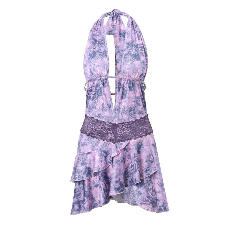 Neckholder-Minikleid mit tiefem V-Ausschnitt, rückenfreiem Rüschensaum und Batikmuster 