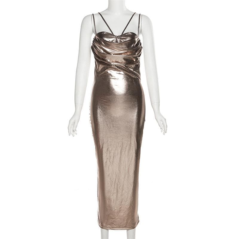 Metallic ruched backless patchwork solid midi dress