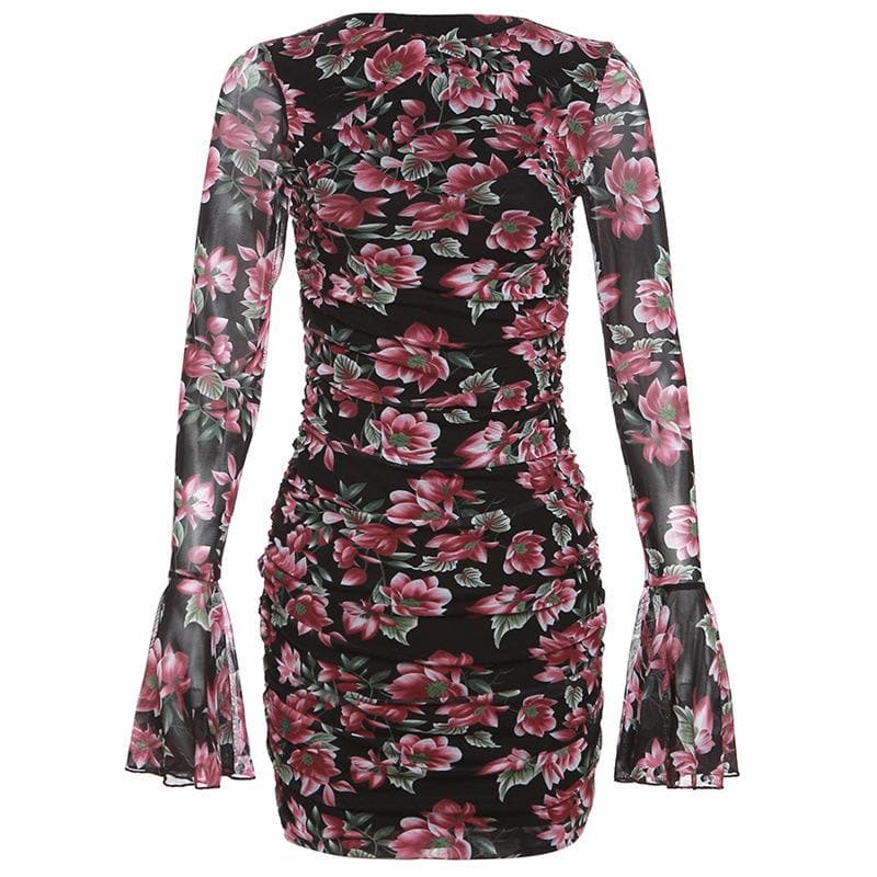 Flower print contrast hollow out long flared sleeve mini dress