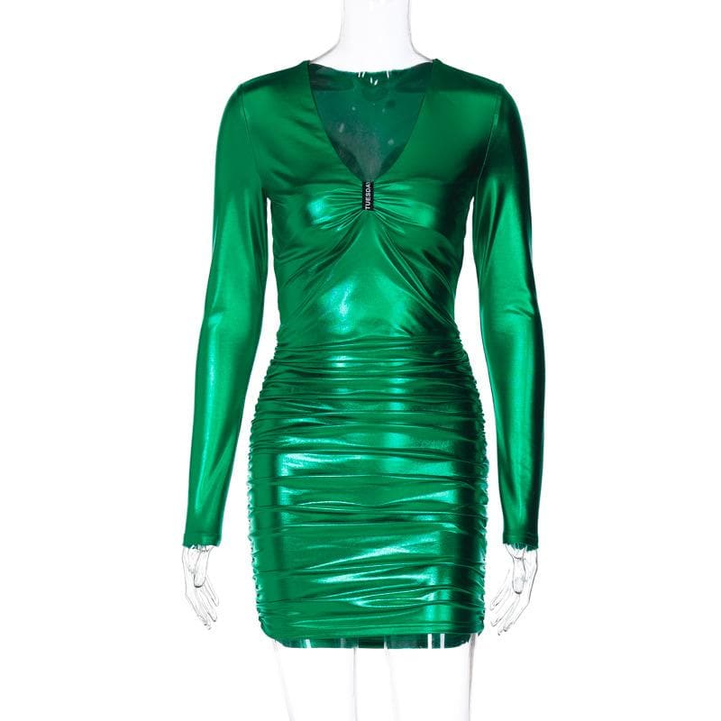 Metallic-Minikleid mit Rüschen und langen Ärmeln sowie V-Ausschnitt