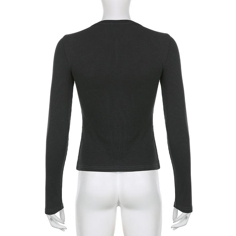 Ribbed solid long sleeve button crewneck top