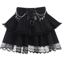 Ruched lace hem metal chain lace up zip-up mini skirt | victorian gothic dresses