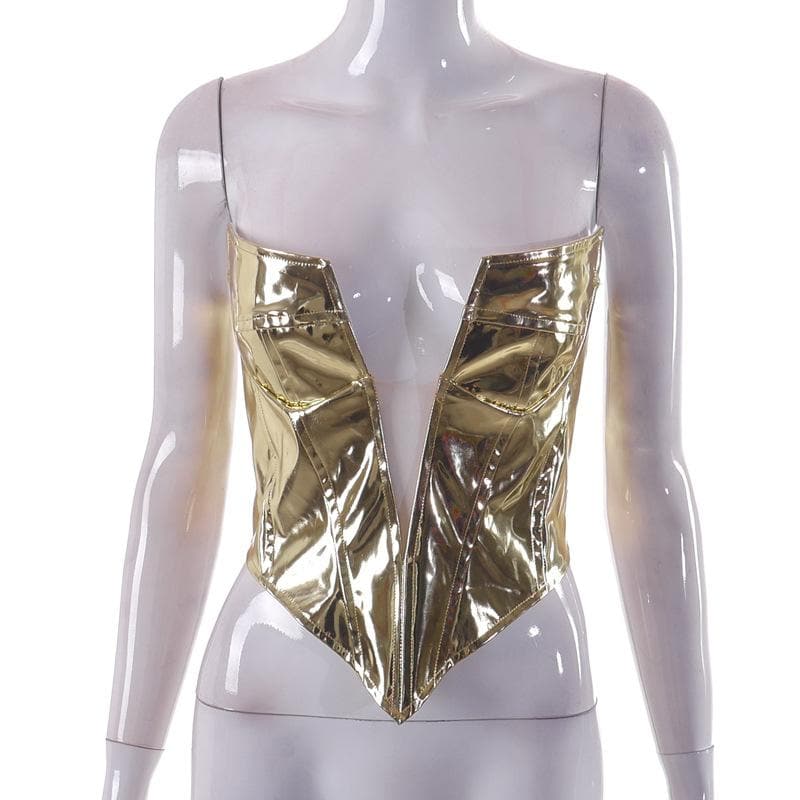 Metallic v neck zip-up low cut backless corset tube top