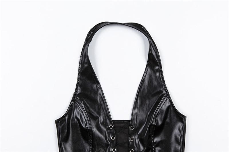 Lace up front halter backless PU leather top