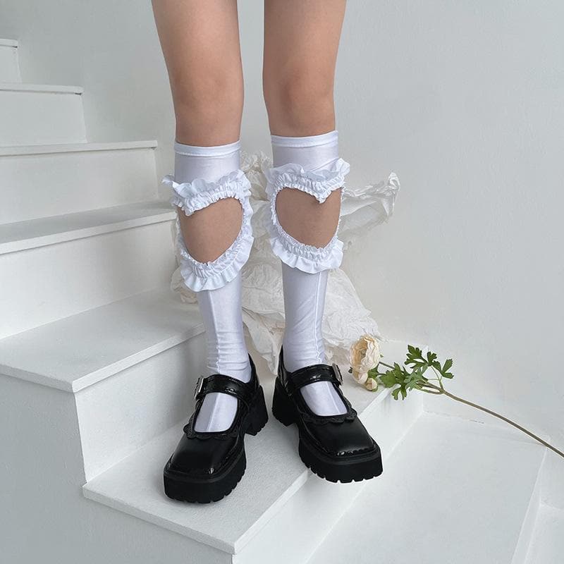 Hollow out heart shape solid knee high socks