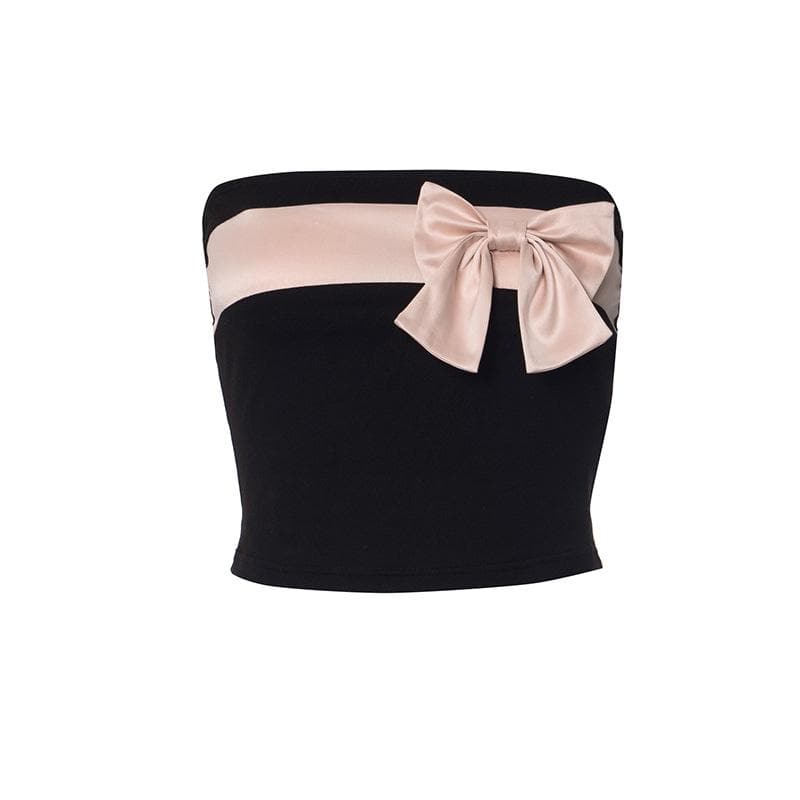 Bowknot backless patchwork contrast tube top