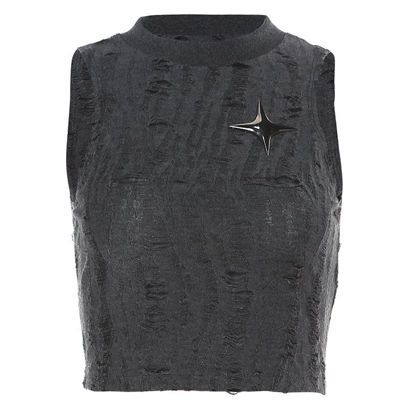 Sleeveless textured star applique hollow out solid crop top