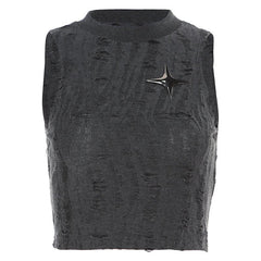 Sleeveless textured star applique hollow out solid crop top