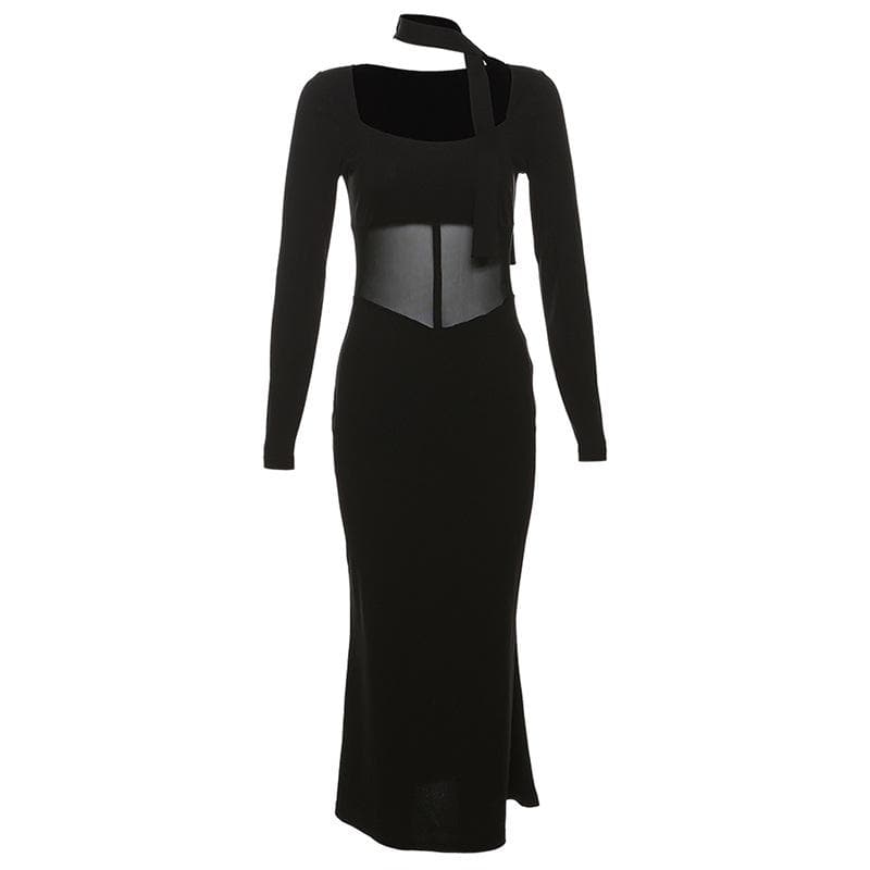 Mesh patchwork solid long sleeve square neck midi dress