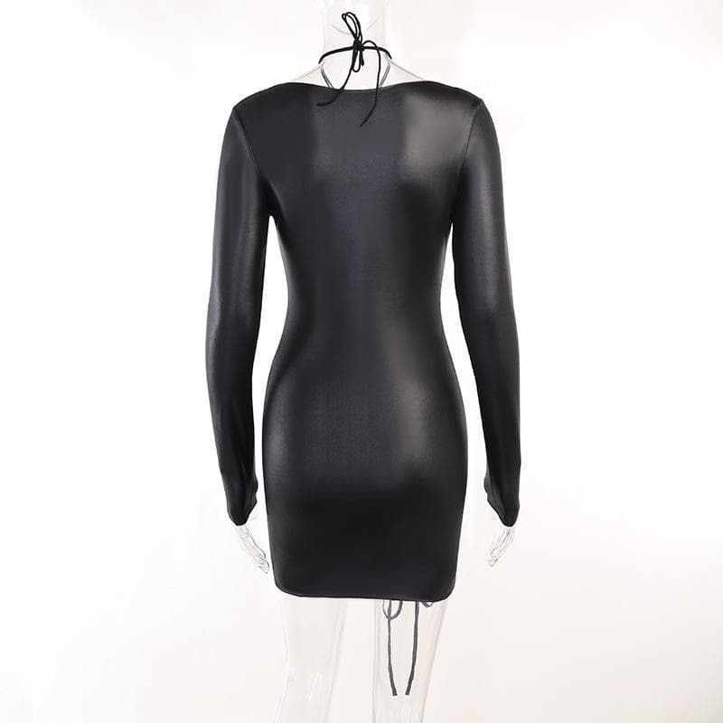 Drawstring solid long sleeve cross front halter low cut mini dress