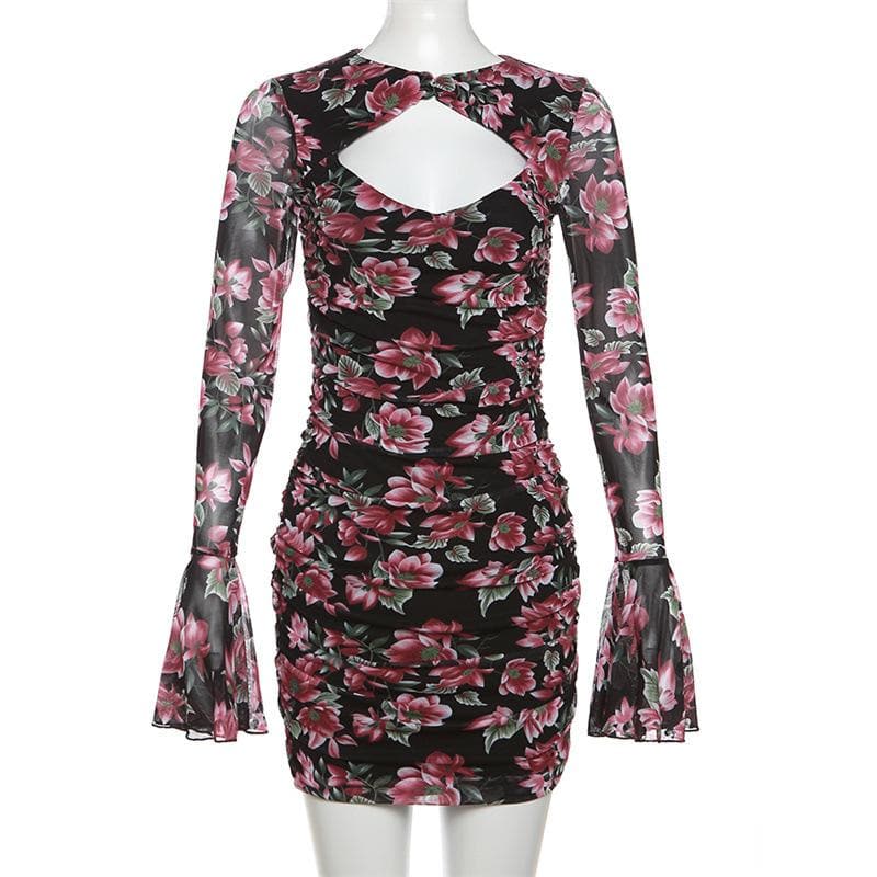 Flower print contrast hollow out long flared sleeve mini dress