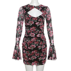 Flower print contrast hollow out long flared sleeve mini dress