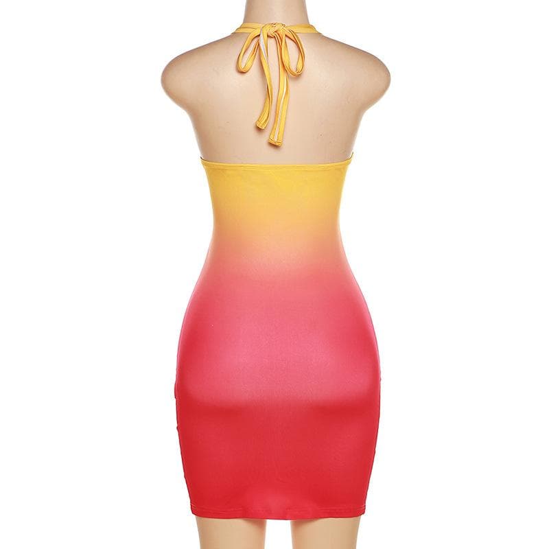 Hollow out gradient backless o ring halter self tie mini dress