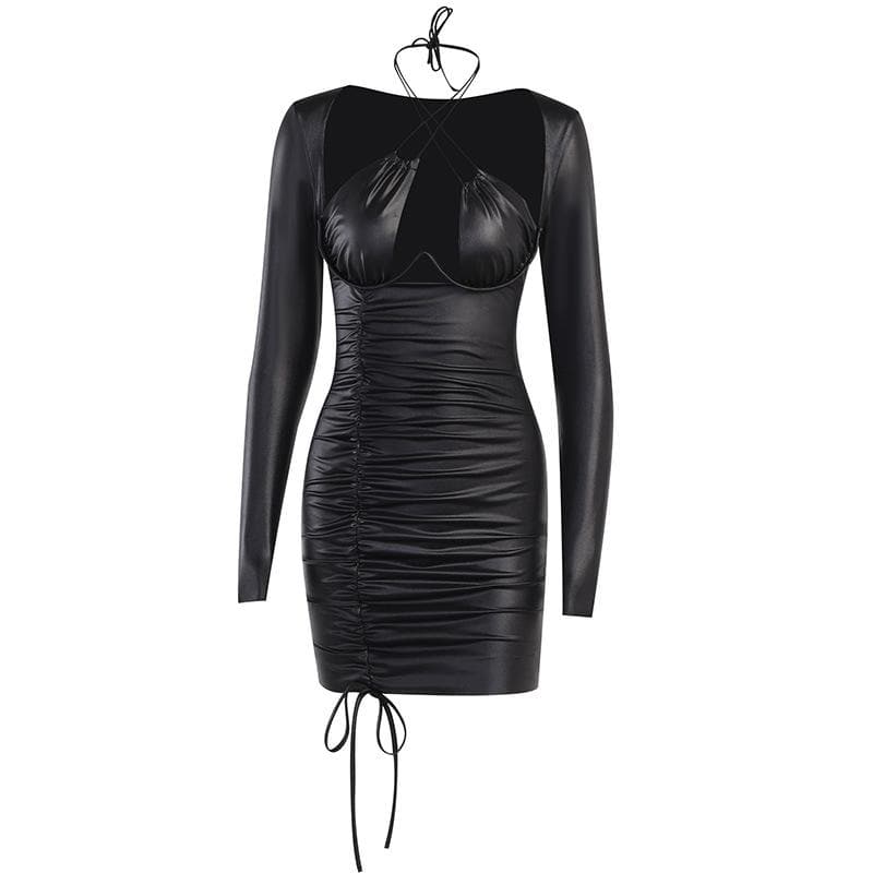 Drawstring solid long sleeve cross front halter low cut mini dress