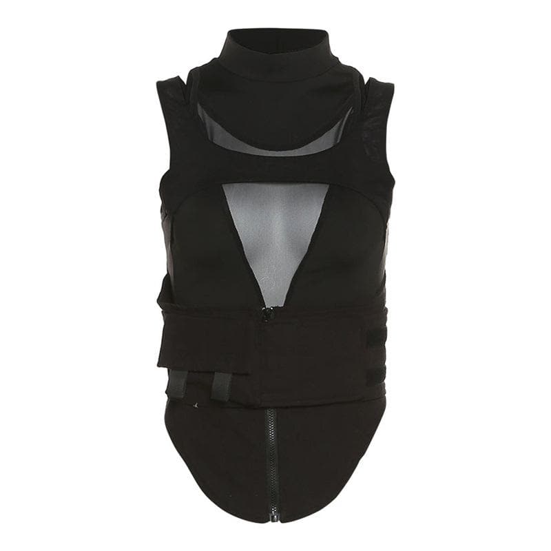 Hollow out high neck corset sleeveless zip-up crop top