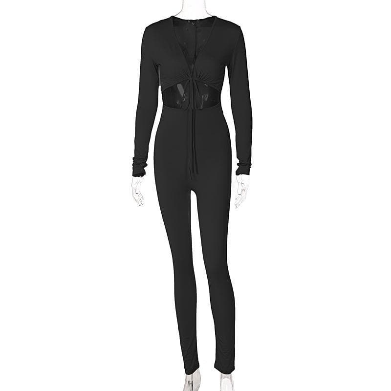 V-neck hollow out tie front jumpsuit