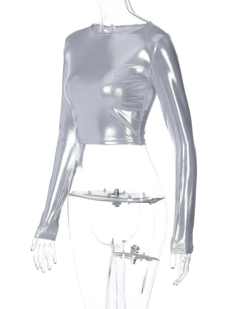 Long sleeve crewneck metallic solid crop top