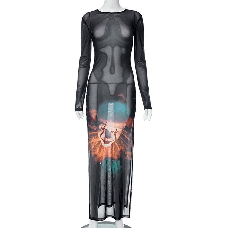 Joker pattern long sleeve sheer mesh see through slit maxi dress