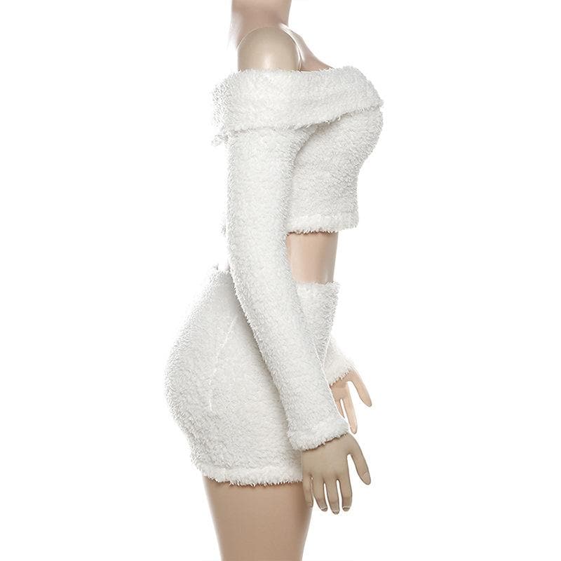 Fluffy solid off shoulder long sleeve mini skirt set