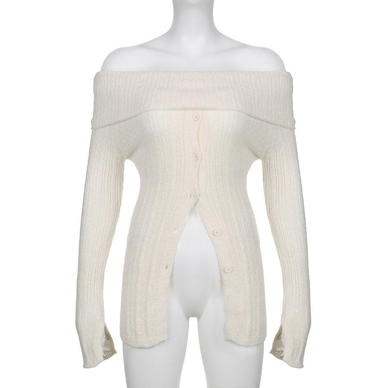 Long sleeve solid slit knitted off shoulder button top