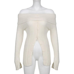 Long sleeve solid slit knitted off shoulder button top