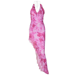 Tie dye ruffle halter mesh backless self tie irregular maxi dress