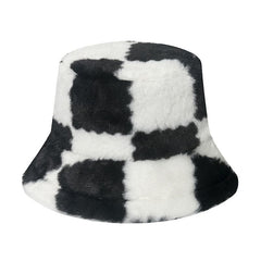 Plaid print contrast fluffy fisherman bucket hat