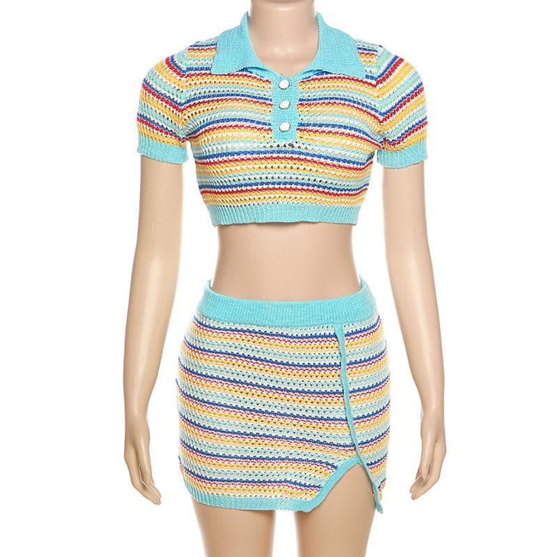 Turnover collar short sleeve button contrast striped mini skirt set