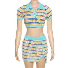 Turnover collar short sleeve button contrast striped mini skirt set