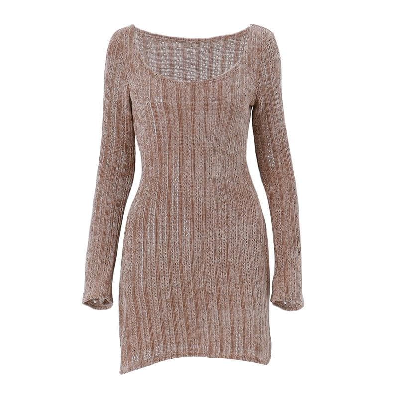 Long sleeve solid fluffy off shoulder hollow out mini dress